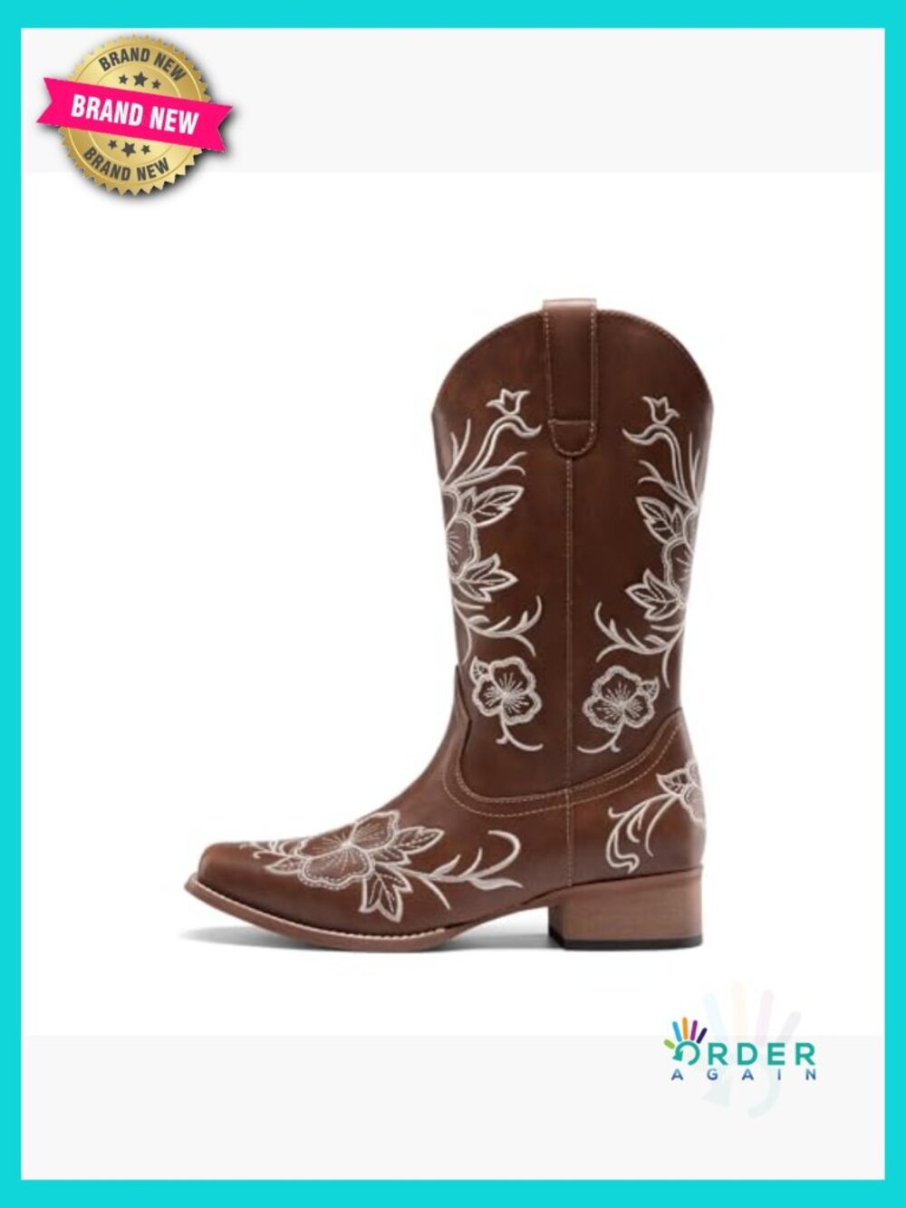 Embroidered Square Toe Cowboy Boots Chunky Low Heel Mid Calf Western - Picture 4 of 7
